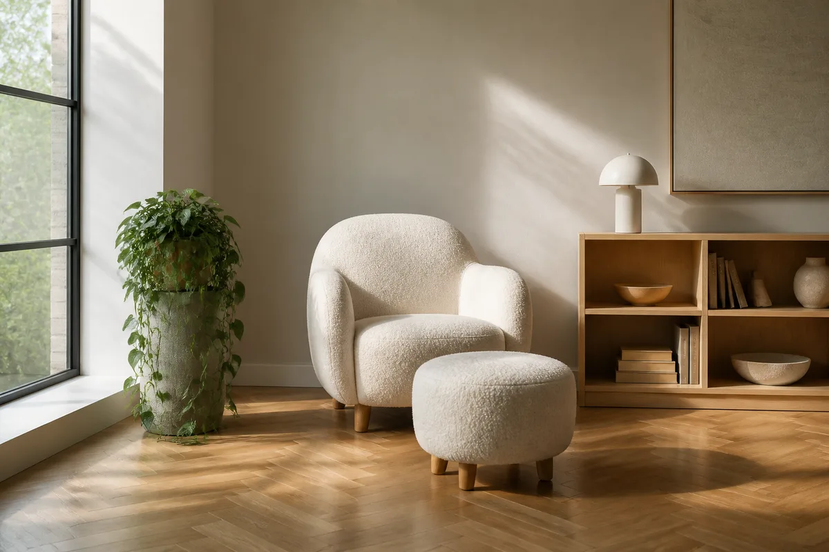 Angle de séjour transformé en coin lecture cosy avec fauteuil et lampe
