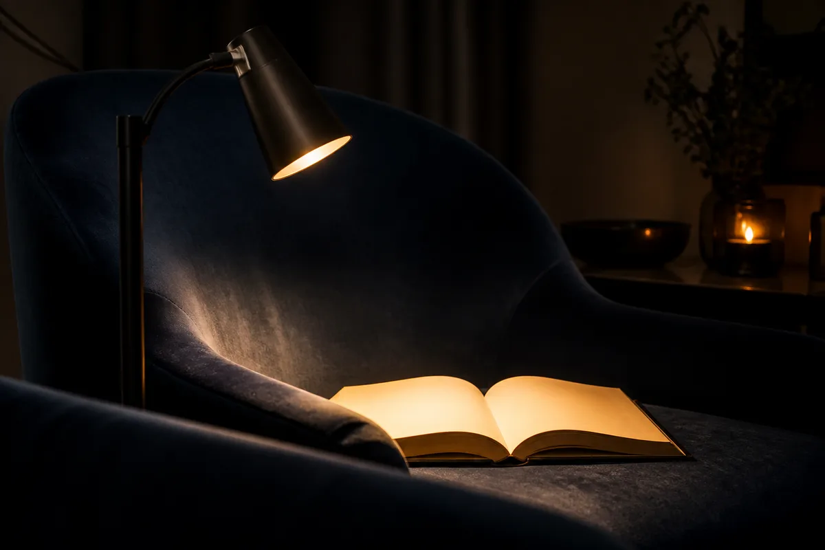 Liseuse sur pied éclairant un livre ouvert dans un fauteuil en velours