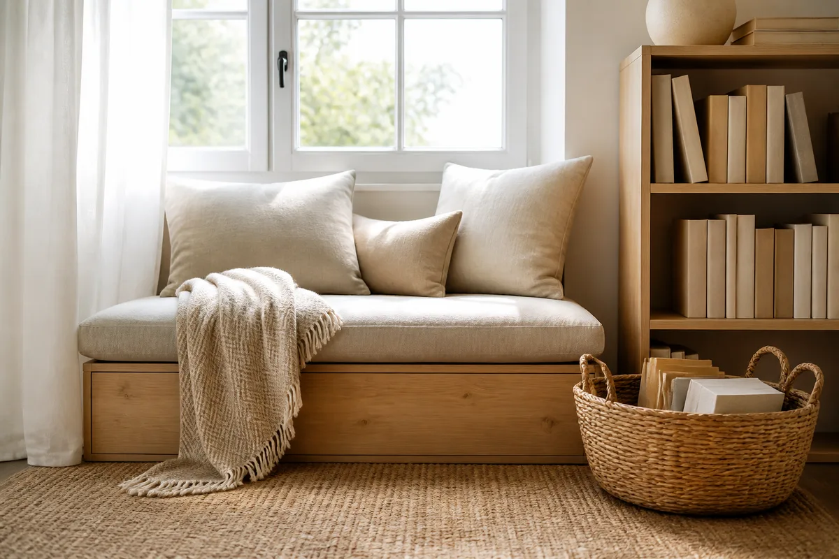 Bibliothèque basse et panier en osier près d une banquette de lecture