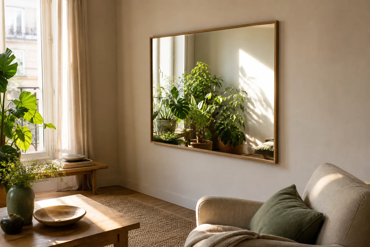 Miroir rectangulaire posé sur un mur latéral clair, reflet de plantes vertes et de lumière du matin