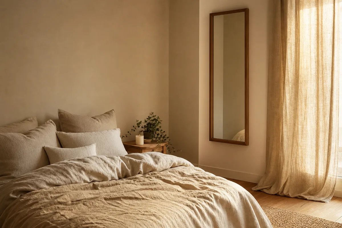 Chambre calme aux tons beiges, miroir placé sur le mur latéral hors de l axe du lit, lumière douce du soir