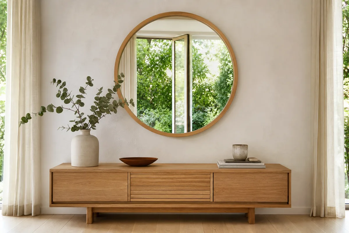 Miroir rond au cadre en bois clair sur un mur de salon, reflet d une fenêtre ouverte sur la verdure